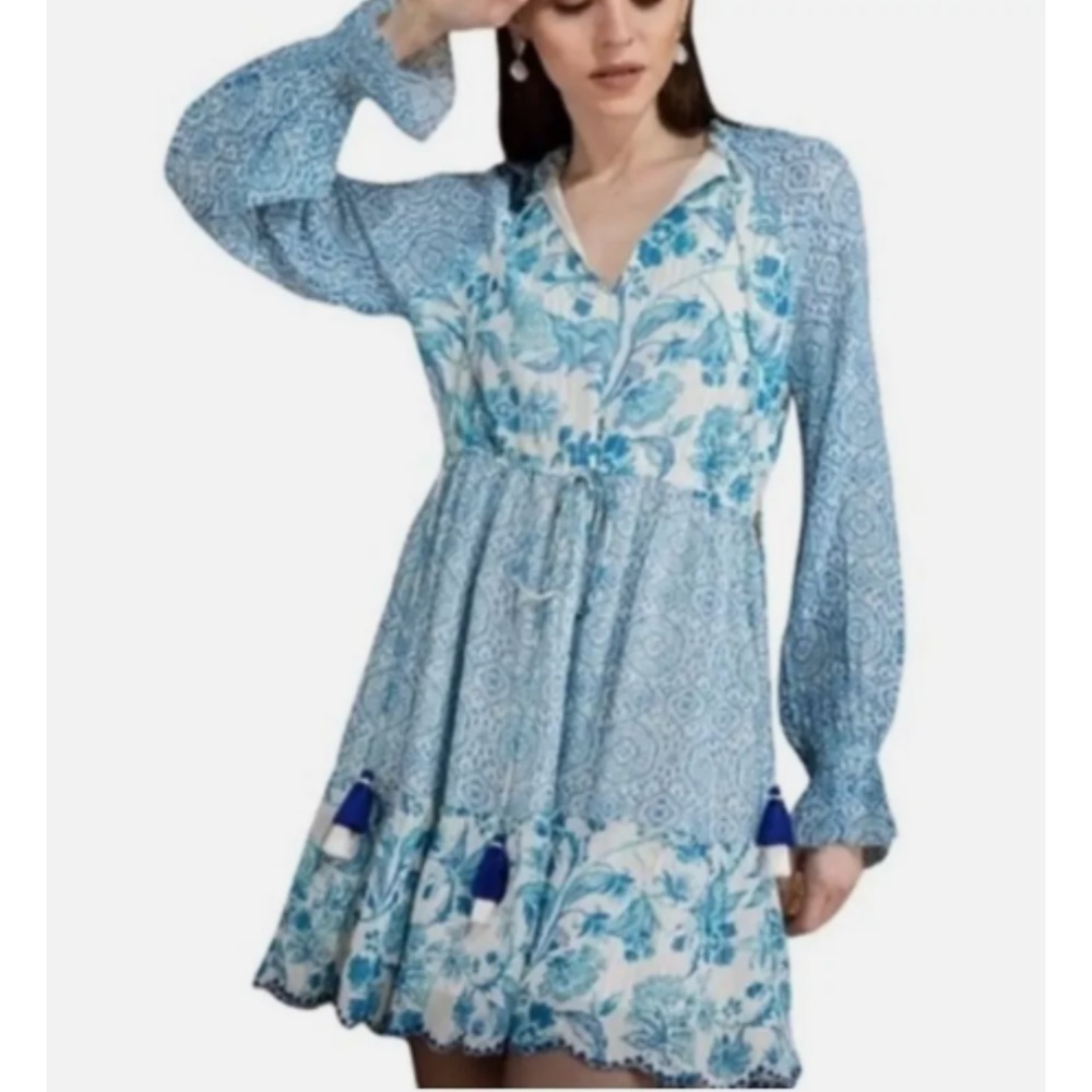 House of Harlow 1960 Boho Mini Dress Floral Long Sleeve Ruffle Tie Tassels Sz M